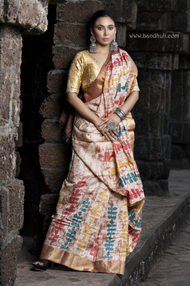 Virgin Tussar Color Crack Wax Batik Saree